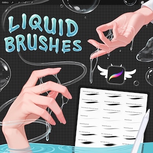 May include: Digital art illustration with the text "LIQUID BRUSHES" in blue, dripping letters. The image features hands with liquid effects, a tablet with brush samples, and a stylus. The overall theme is digital art and illustration.