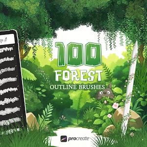 100 Forest Outline Brushes for Procreate – Leaves, Plants, Trees, Foliage, Ghibli Nature Stamps