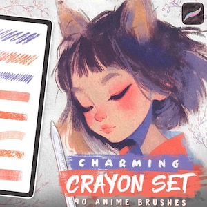 May include: A digital illustration of a girl with cat ears, with a tablet displaying a set of 40 anime crayon brushes. The text "Charming Crayon Set" is displayed on the tablet, along with the text "40 Anime Brushes".