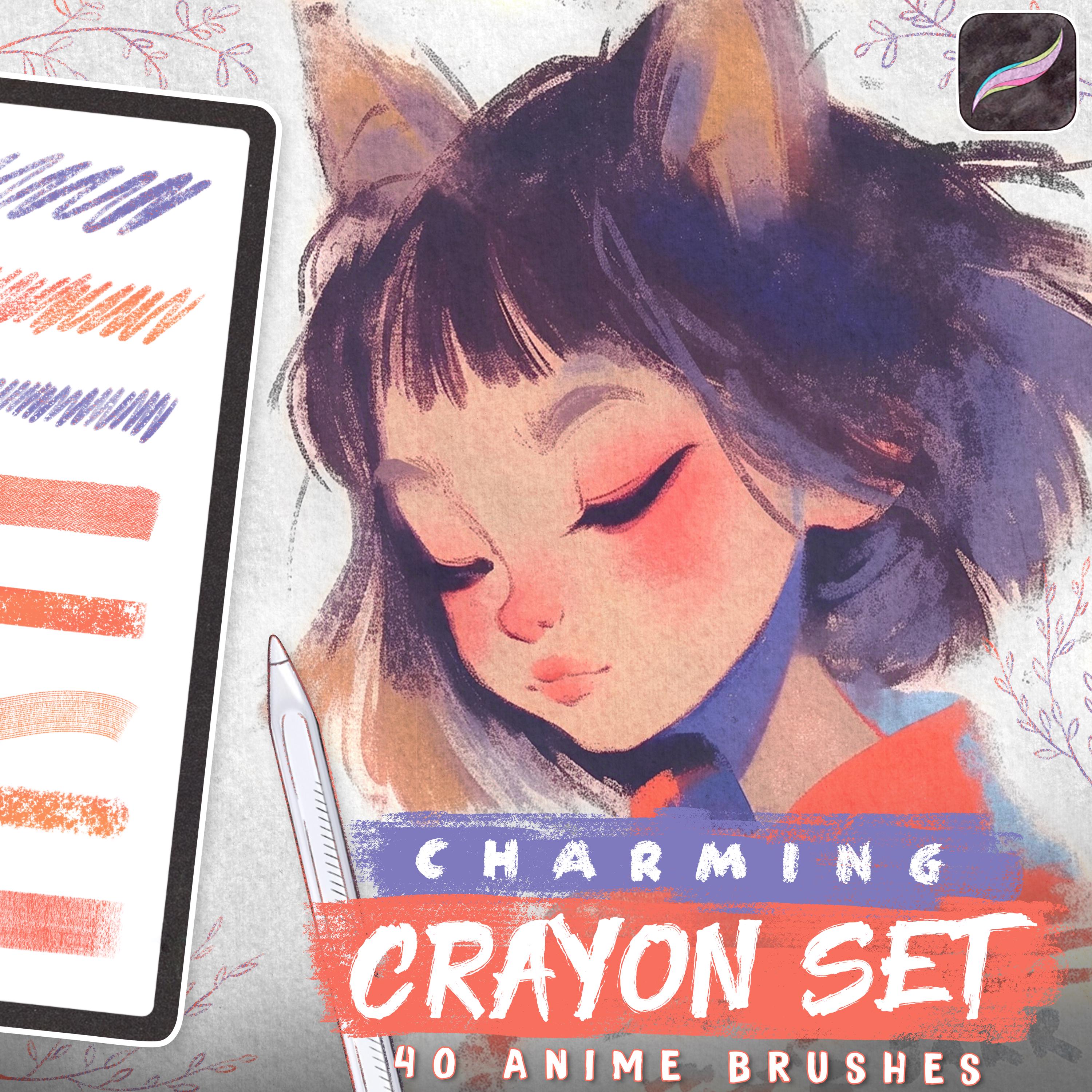 Charming Anime Crayon Brushes for Procreate | Chalk, Paper Textures, Shading & Stamp Set