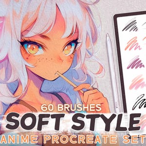 May include: A digital illustration of an anime character with white hair and pink highlights, wearing a pink and white top. The character is holding a wooden stick in their mouth and looking to the right. The image also shows a digital tablet with a preview of 60 brushes in a soft style for Procreate. The text "60 BRUSHES SOFT STYLE ANIME PROCREATE SET" is displayed on the image.