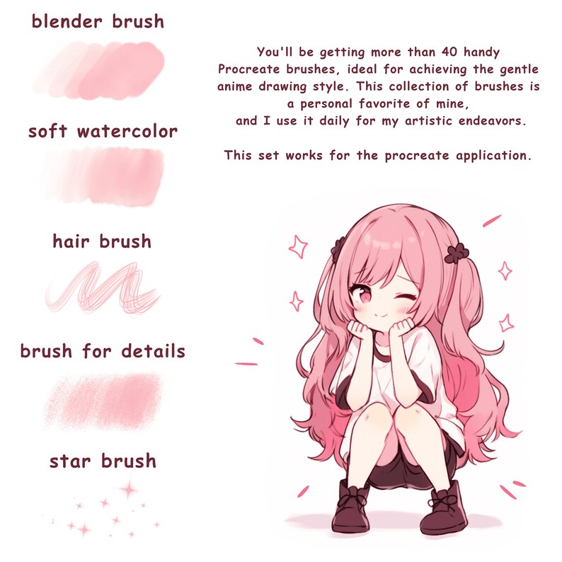 K&ouml;nnte beinhalten: Eine digitale Illustration eines Anime-M&auml;dchens mit rosa Haaren, das ein wei&szlig;es Shirt und schwarze Shorts tr&auml;gt. Das Bild enth&auml;lt au&szlig;erdem f&uuml;nf rosa Pinselstriche mit Textbeschriftungen, die die Art des Pinsels beschreiben: Blender-Pinsel, weiche Aquarell, Haarpinsel, Pinsel f&uuml;r Details und Sternpinsel. Der Text "You'll be getting more than 40 handy Procreate brushes, ideal for achieving the gentle anime drawing style. This collection of brushes is a personal favourite of mine, and I use it daily for my artistic endeavours. This set works for the procreate application." ist ebenfalls im Bild enthalten.