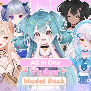 May include: A digital illustration of four anime-style characters with different hair colors and outfits. The characters are surrounded by pink hearts and the text "All in One Vtuber Model Pack".