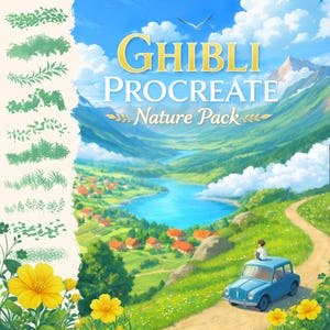 May include: Digital art pack for Procreate, titled "Ghibli Nature Pack." The image features a scenic landscape with a blue car, a person, and a winding road. The background shows a lake, mountains, and a village. The left side displays various green brush strokes and yellow flowers.