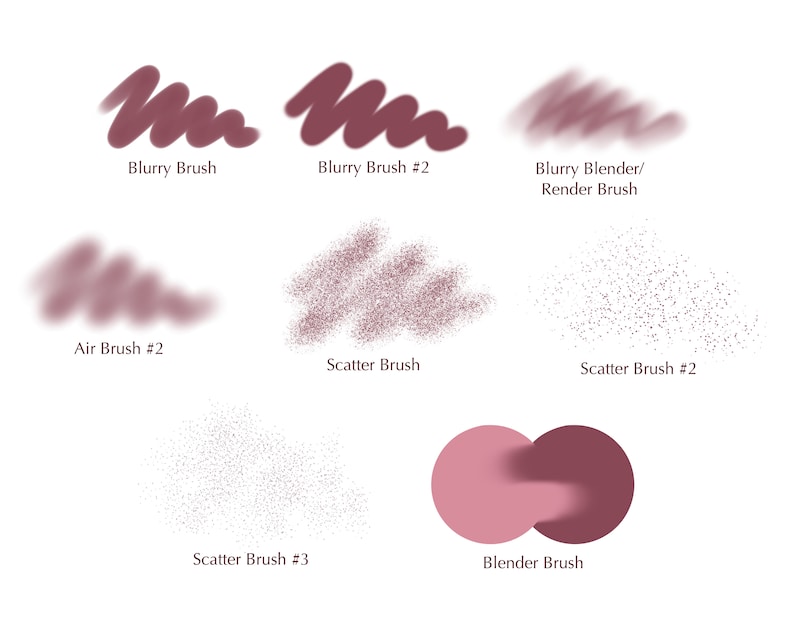 K&ouml;nnte beinhalten: Auf wei&szlig;em Hintergrund werden verschiedene digitale Pinselstriche in Mauve- und Rosat&ouml;nen dargestellt. Das Bild enth&auml;lt Textbeschriftungen wie "Blurry Brush" und "Blender Brush", die verschiedene Pinsel-Effekte f&uuml;r digitale Kunst zeigen.