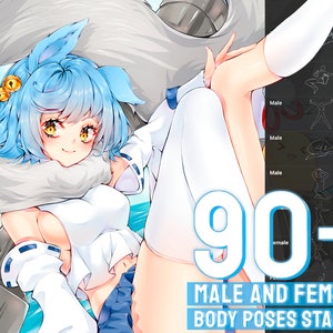 Puede incluir: Una ilustración digital de un personaje femenino de anime con cabello azul y una camisa blanca. El personaje está sentado en una superficie gris. La imagen incluye el texto "90+ Male and Female Body Poses Stamps".