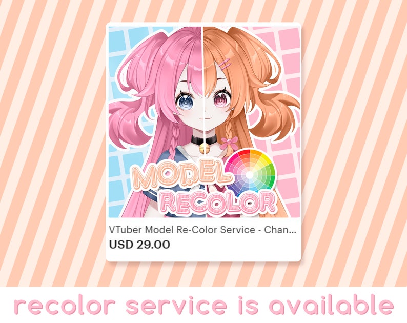 Może przedstawiać: Cyfrowa ilustracja modelu VTuber z r&oacute;żowymi i pomarańczowymi włosami. Obraz zawiera koło kolor&oacute;w i tekst "MODEL RECOLOR" oraz "VTuber Model Re-Color Service - Chan... USD 29.00".
