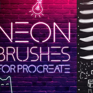 Può includere: Un cartello al neon con il testo "NEON BRUSHES FOR PROCREATE" su uno sfondo di muro di mattoni. L'immagine mostra anche un set di 18 pennellate bianche su uno sfondo nero.