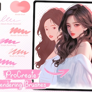 以下が含まれることがあります： タブレット上のデジタルアートイラストで、Procreateのレンダリングブラシを紹介しています。画像には、長い黒髪の女性の肖像画と、ピンク色のブラシストロークの例が描かれています。「ProCreate Rendering Brushes」というテキストが含まれています。