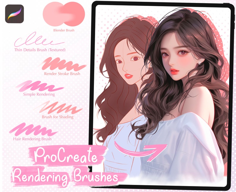 K&ouml;nnte beinhalten: Digitale Kunst auf einem Tablet, das Procreate-Rendering-Pinsel zeigt. Das Bild zeigt ein Frauenportr&auml;t mit dunklem Haar und rosa Pinselstrichbeispielen. Der Text enth&auml;lt "ProCreate Rendering Brushes".