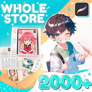 May include: An illustration of a young boy winking, holding a paintbrush, and a box filled with art supplies. The box contains a marker brush set, fine line brushes, and other art materials. The text "WHOLE STORE" and "2000+" are displayed.