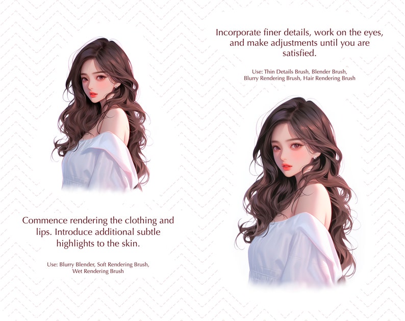 K&ouml;nnte beinhalten: Digitale Illustration einer Frau mit langen, welligen braunen Haaren und heller Haut, die ein wei&szlig;es schulterfreies Oberteil tr&auml;gt. Das Bild enth&auml;lt Text &uuml;ber das Rendern von Kleidung, Lippen und Haut-Highlights sowie Anweisungen zur Verwendung verschiedener Pinsel.