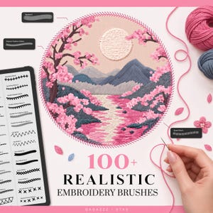 Pode incluir: Um conjunto de pincéis de bordado digital com uma ilustração de paisagem circular com flores de cerejeira rosa, montanhas azuis e uma lua branca. A imagem mostra vários padrões de pontos, o texto 100+ REALISTIC EMBROIDERY BRUSHES e fio rosa.