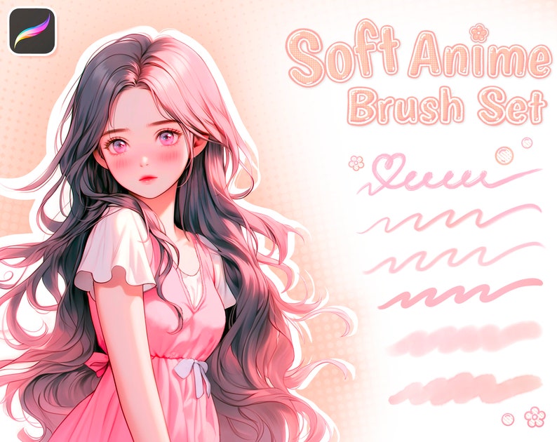 K&ouml;nnte beinhalten: Eine digitale Illustration einer jungen Frau mit rosa und schwarzen Haaren, die ein rosa Kleid tr&auml;gt. Das Bild ist eine Werbegrafik f&uuml;r einen Satz von "Soft Anime" digitalen Pinseln.