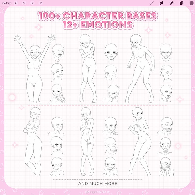 100 Character Base Pack for Procreate, Pose and Expression Stamps, Clip ...
