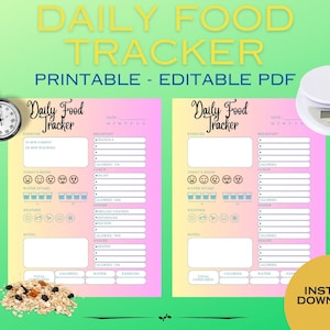 Daily Diet Food Tracker - Daily Food Intake - Editable PDF Food Tracker - Food Meal Log - Meal Diary - Food Journal Digital Download