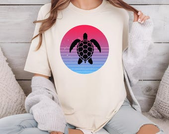 Seaturtle Silhouette Sunset T-Shirt, Ocean Animal Lover Gift, Retro Beach Tee, Sea Turtle Shirt, Nature Graphic Tees for Men and Women