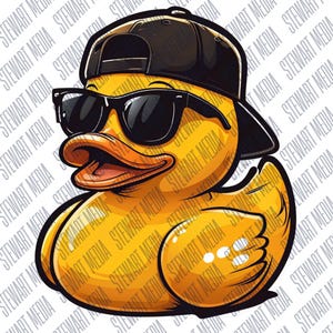 May include: A yellow rubber duck wearing sunglasses and a black baseball cap. The duck has a wide smile and is looking to the right.