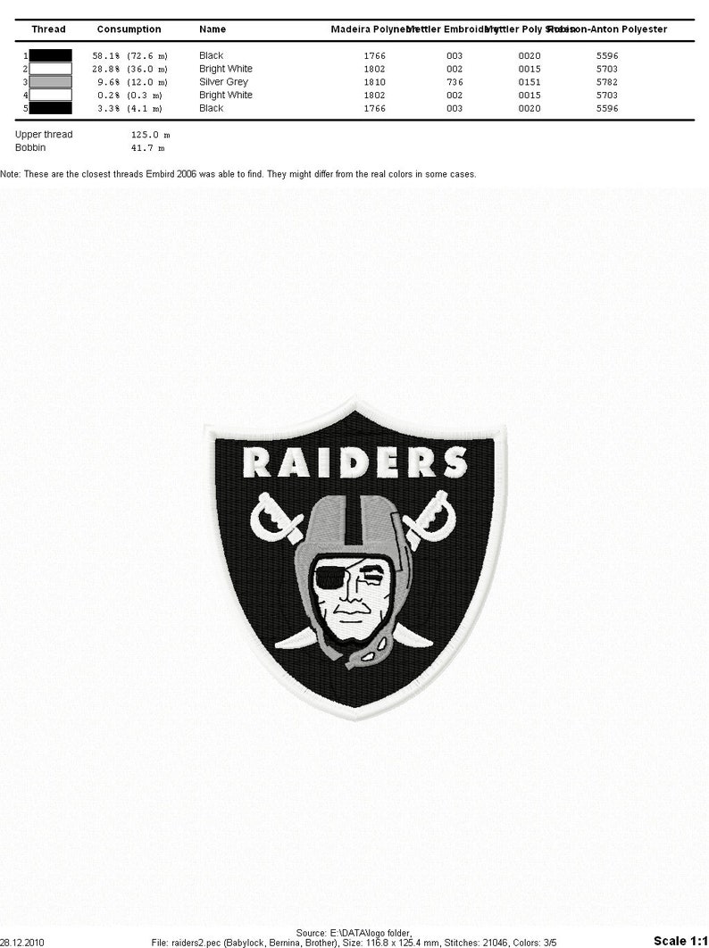 Oakland Raiders Digitized Design for Machine Embroidery