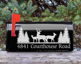 Decorative Deer in Woods with Address Mailbox Vinyl Decal Set of 2