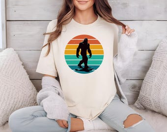 Sasquatch Retro Sunset T-Shirt, Bigfoot Nature Lover Tee, Vintage Style Squatch Shirt, Sasquatch Silhouette Mountain Shirt, For Him or Her