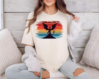Dragon Silhouette T-Shirt, Retro Sunset Graphic Tee, Vintage Beach Top, Unisex Softstyle Summer Apparel