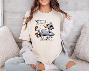 Funny Cartoon Duck Whatever Life Throws at You Unisex Softstyle T-Shirt, Cute Duck Saying Tee, Quirky Animal Graphic Top, Humorous Bird