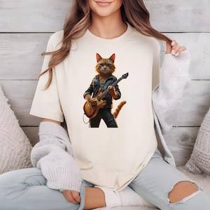 Rock and Roll Kitty Rock Star Cat Graphic T-shirt - Cool Cat Playing Electric Guitar Unisex Tee