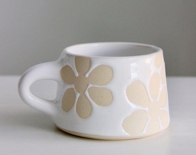 Handmade White Cappuccino Mug | Flower Mug | Daisy Mug | White Mug | White Mug with Flowers | Retro Mug | Modern Ceramic Mug | Pottery