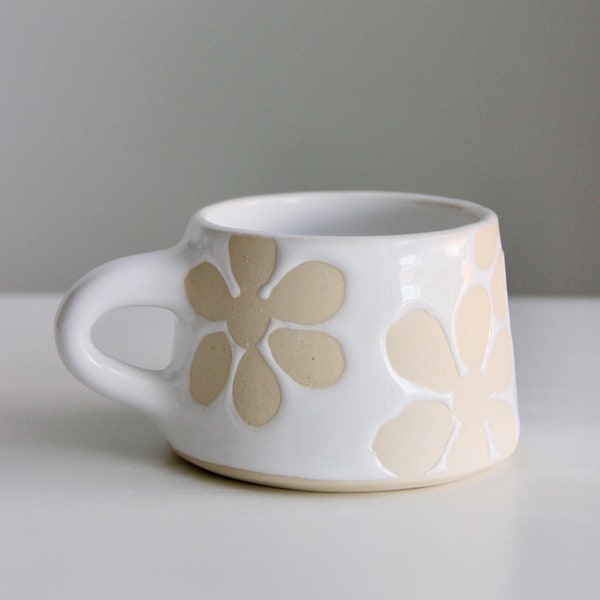 Handmade White Cappuccino Mug | Flower Mug | Daisy Mug | White Mug | White Mug with Flowers | Retro Mug | Modern Ceramic Mug | Pottery