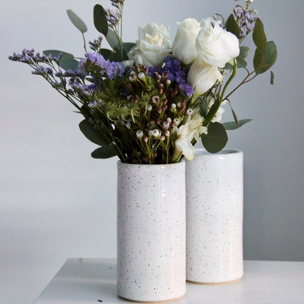 Handmade White Ceramic Vase | Cylindrical Vase | Flower Vase | Modern Farmhouse Pottery | Speckled Ceramic Vase | White Pottery | Cylinder