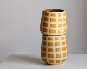 Handmade Ceramic Mug | Checkered Mug | Retro Modern | Yellow Tumbler | Mid-century Modern | Mug No Handle | Large Wine Tumbler | Home Decor