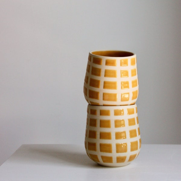 Handmade Ceramic Mug | Checkered Mug | Retro Modern | Yellow Tumbler | Mid-century Modern | Mug No Handle | Large Wine Tumbler | Home Decor