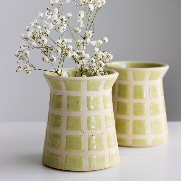 Handmade Ceramic Vase | Checkered Vase | Retro Modern | Green Vase | Mid-century Modern | Flower vase | Small Vase | Home Decor | Vase