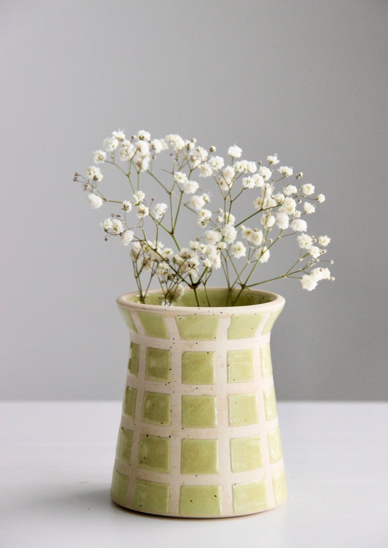 Handmade Ceramic Grid Vase Checkered Vase Retro Modern Green Vase Midcentury Modern Flower Vase