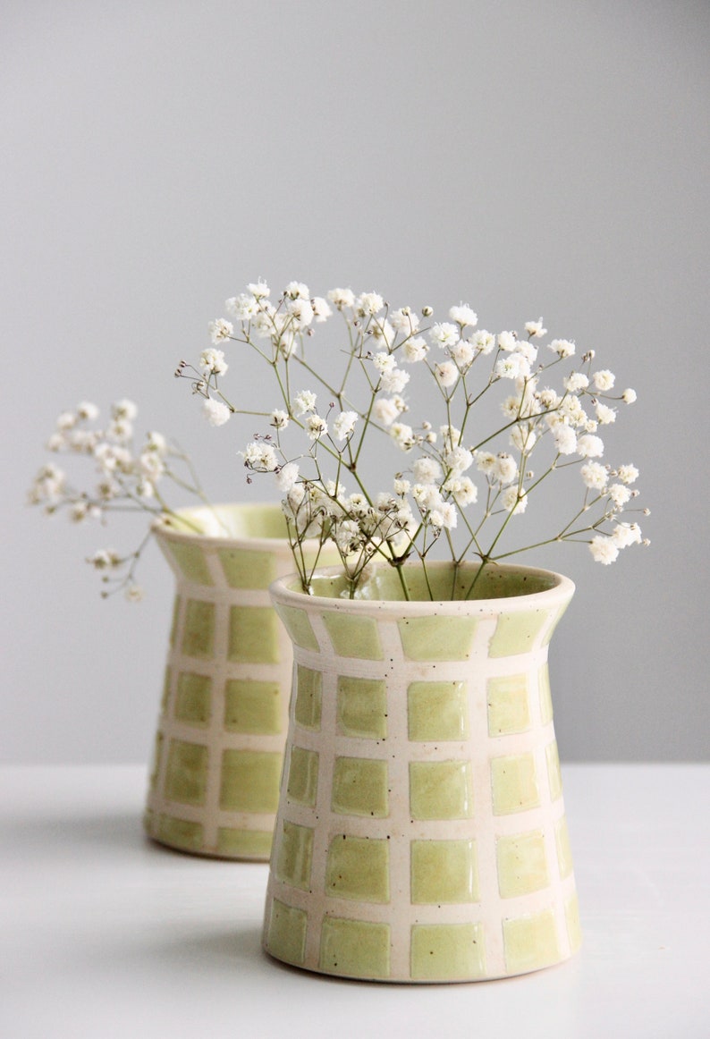 Handmade Ceramic Grid Vase Checkered Vase Retro Modern Green Vase Midcentury Modern Flower Vase