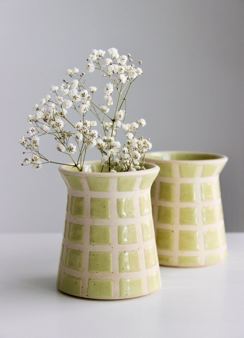 Handmade Ceramic Grid Vase Checkered Vase Retro Modern Green Vase Midcentury Modern Flower Vase