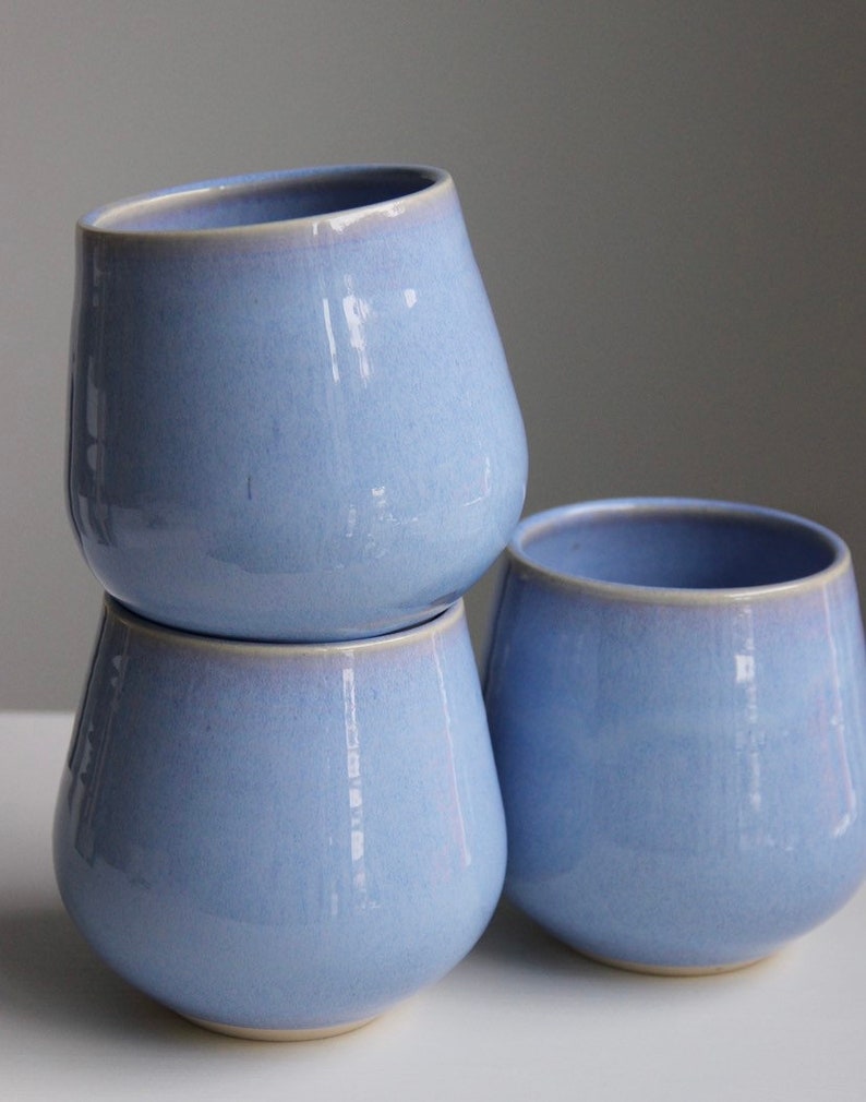 Large Light Blue Ceramic Tumbler Mug No Handle 16oz Periwinkle Mug Stemless Wine Glass Pottery Cup Set Modern Minimalist Pottery image 2