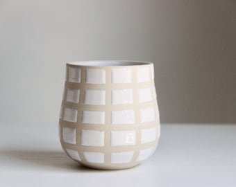 Handmade Ceramic Mug | Checkered Mug | Retro Modern | White Tumbler | Mid-century Modern | Mug No Handle | Large Wine Tumbler | Home Decor