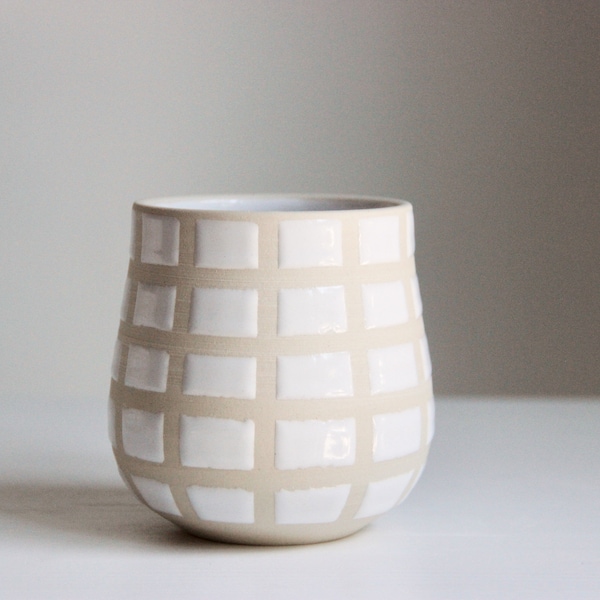 Handmade Ceramic Mug | Checkered Mug | Retro Modern | White Tumbler | Mid-century Modern | Mug No Handle | Large Wine Tumbler | Home Decor