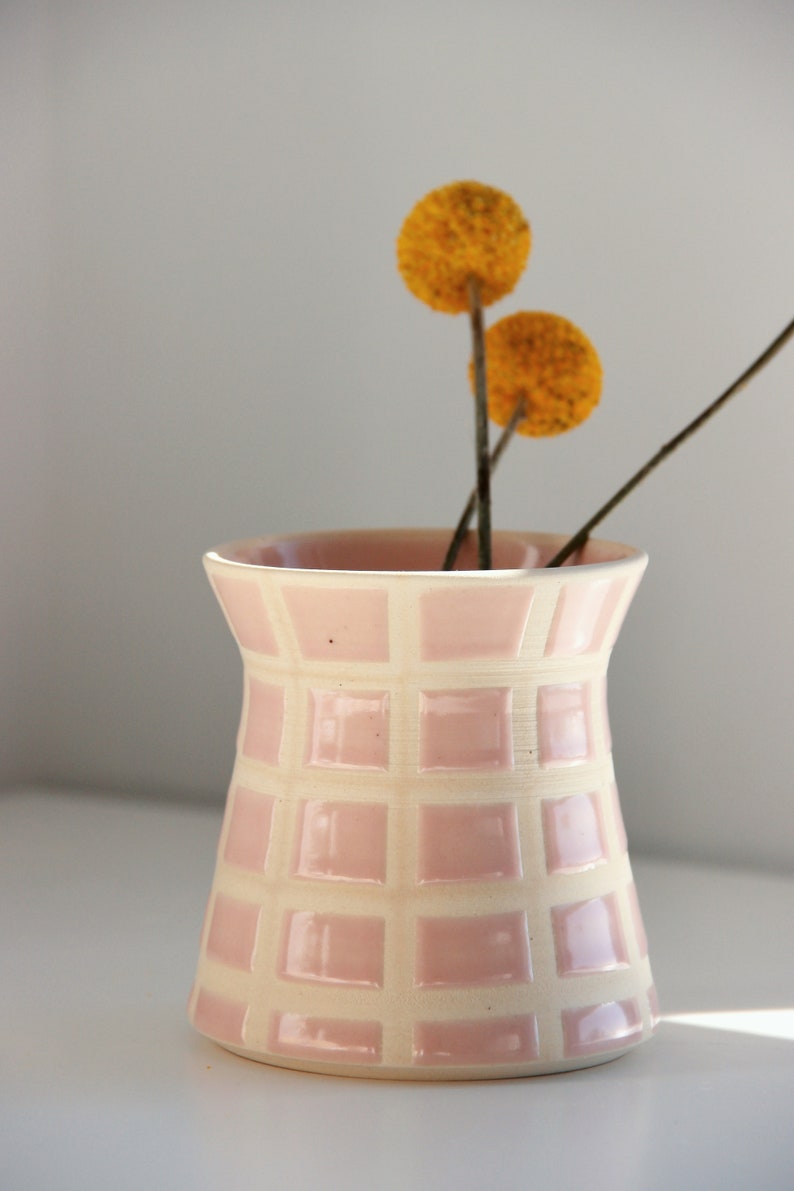 Handmade Ceramic Vase Checkered Vase Retro Modern Pink Vase Mid-century Modern Flower vase Small Vase Home Decor Vase image 2