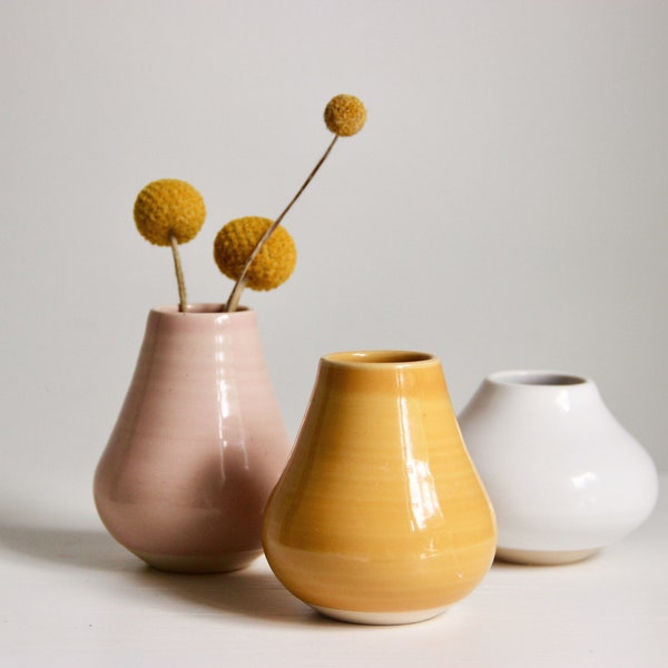 Bud Vase Set | Ceramic Bud Vase | Set Of 3 | Pink, Yellow, White | Handmade Small Flower Vase | Air Plant Holder | Modern Minimalist Decor