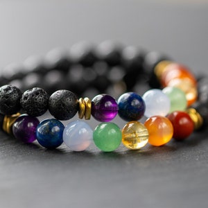 Gemstone Chakra Bracelet Lava Rock Beads Beaded Stretch Bracelet Healing Gemstone Crystals Therapy Realigning Chakras Essential Oils Jewelry
