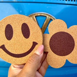 Happy Face Cork Coaster, Flower Cork Coaster, Cute Trendy Coaster for Glass Can Cup, Mugs & Tumblers, Coaster For Drinks, Retro Coaster