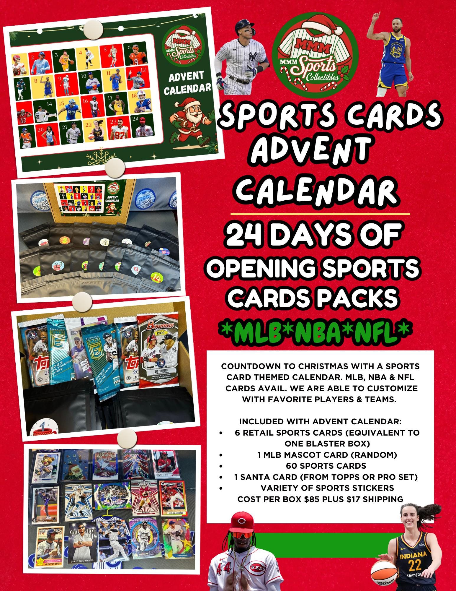 Sports Cards Advent Calendar 24 Days Pick A Sport Baseball, Basketball or Football Cards