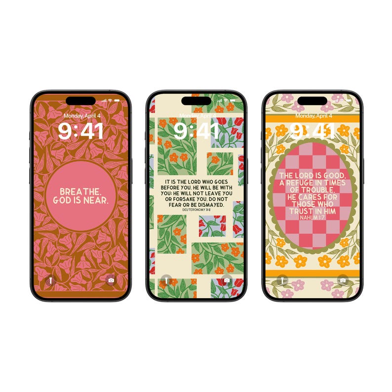 May include: Three smartphones displaying inspirational wallpapers. The first phone shows a pink floral design with the text "BREATHE. GOD IS NEAR." The second phone has a floral pattern with a Bible verse. The third phone displays a quote about the Lord.