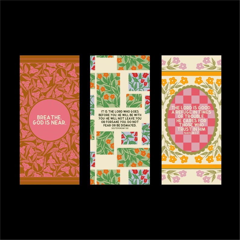 May include: Three rectangular art prints with inspirational quotes. The first features a pink circle with the words "BREATHE. GOD IS NEAR." The second has a floral pattern and text from Deuteronomy. The third has a pink and white checkered oval with text from Nahum.