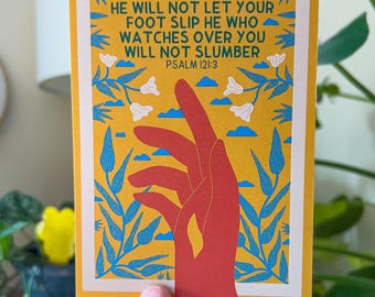 Psalm 121:3 Bible Verse Art Postcard - Christian Scripture Print