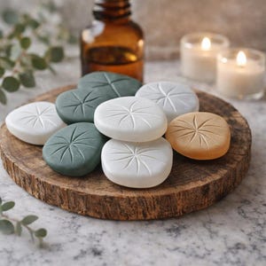 May include: A collection of decorative, round, stone-like objects in shades of white, green, and tan, arranged on a wooden slab. Each stone features a starburst design. A brown glass bottle and lit candles are in the background.