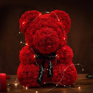 10" Teddy Rose Artificial Rose Bear with Box and Fairy Lights